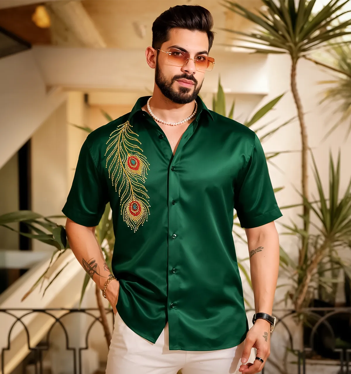 Men’s Emerald Green Peacock Feather Shirt